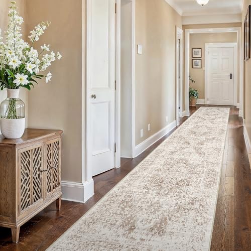 2'6"x16 Washable Long Runner Rug: Vintage Non Slip Hallway Rug IvoryBeige | Low Pile Rubber Backing Easy Clean Stain Resistant Design for Kitchen Entryway Living Room Laundry Room and Home Decor - color: Ivory/Beige, size: 2'6" x 16' (Runner)