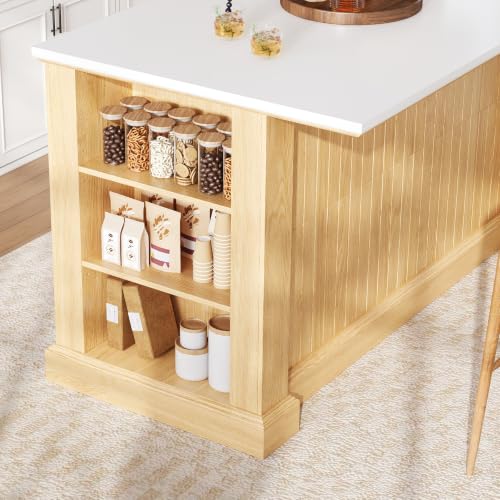 63" Kitchen Island with Storage, Farmhouse Stationary Island Table with 6 Drawers & Open Shelves, Heat-Resistant Countertop Storage Cabinet for Kitchen, Natural