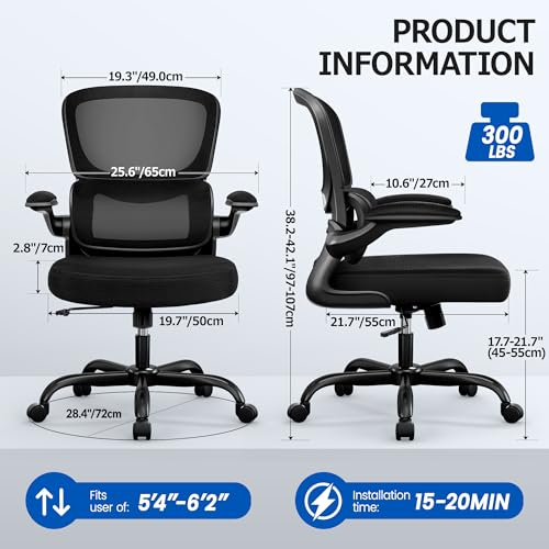 ALLGOD Office Chair Ergonomic Desk Chair, Breathable Mesh Desk Chair Comfy with Lumbar Support, Flip-up Armrests, Computer Chairs Comfortable for Home, Office, Work, Standard, 300Lbs - color: Black(standard), size: 1 Pack