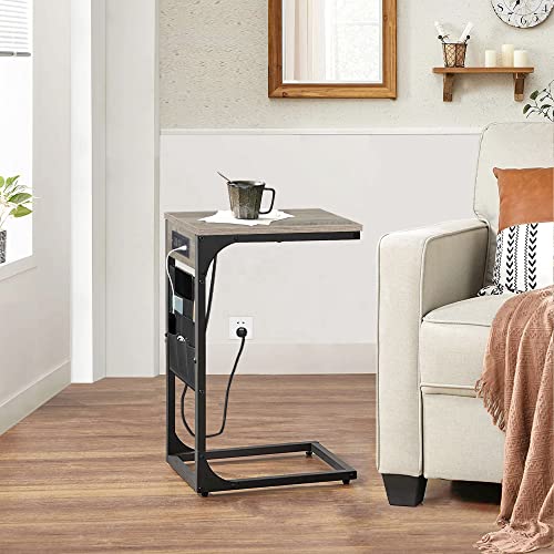 TUTOTAK C Shaped End Table with Charging Station, Side Table for Sofa | Couch Table with Storage Bag, TV Tray with 2 USB Ports and Outlets, Living Room and Bedroom, Greige TB01BG024 - color: Greige, size: 1 Pack (11.8"W), style: With Plug