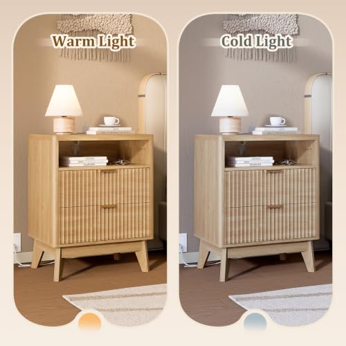 LYNCOHOME Fluted Nightstand with Charging Station, 19.7 inch Wide End Table with 2 Drawers, Modern Wood Bedside Table for Bedroom,Natural,1 Pcs - color: Natural, size: 15"D x 19.7"W x 25.5"H(2 Drawers)