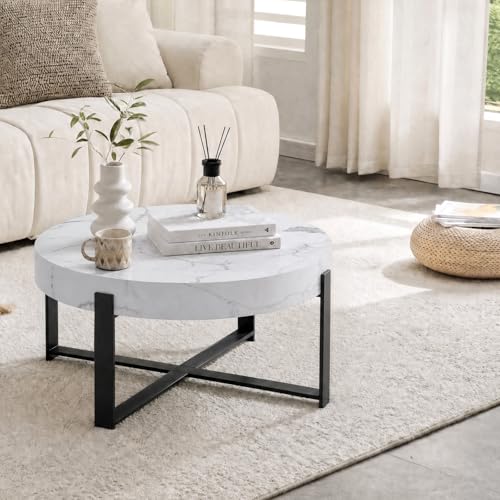 Round Coffee Table, Modern Faux Marble Coffee Table with Metal Frame, Small Wood Circle Table, Round Accent Center Tables for Living Room Apartment Small Space(31.5''D-White Marble) - color: X-white Marble