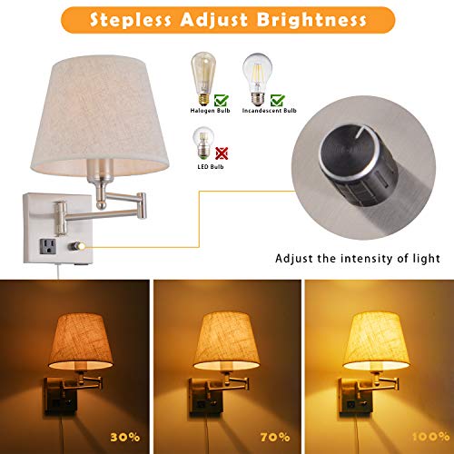 Bedside Wall Mount Light with Dimmable Switch and Outlet, Swing Arm Fabric Shade Wall Sconce Light with USB Port and Plug in Cord, Satin Nickel Wall Lamp for Bedroom, Living Room and Hotel - color: Satin Nickel