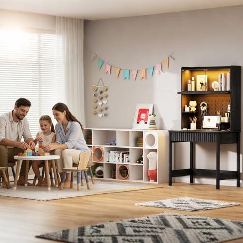 Lvifur 31.5" LED Study Desk with Hutch,Outlets,Reading Lights | Computer Desk with Charging Station,2 Drawer,Compact Writing Desks,Home Office Desks for Bedroom,Black - color: Black
