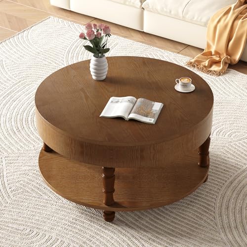 31.5" Round Coffee Table with Storage, 2 Tier Modern Center Table, Adjustable Leveling Feet, Easy Assembly, Wood Coffee Table for Living Room, Apartment, Small Space. (Walnut) - color: Walnut-n