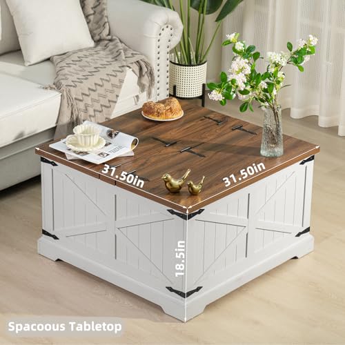 Joaxswe Farmhouse Coffee Table with Large Hidden Storage Compartment, Antique White Square Center Table, Wood Rustic Low Modern Living Room Tables with Hinged Lift Brown Top & Wooden Arc Base - color: White, style: With Base