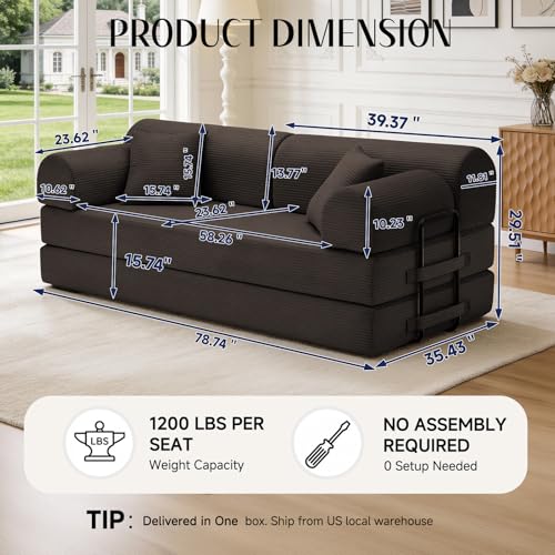 78.8" Convertible Sofa Bed with High Back,Boneless Couch for Living Room | Corduroy Memory Foam Boneless Couch, Sleeper Loveseat, High Back Support Futon Couch,2 Pillows, No Assembly,Brown - color: Brown, size: 79" High Backrest Sofa with Pillows