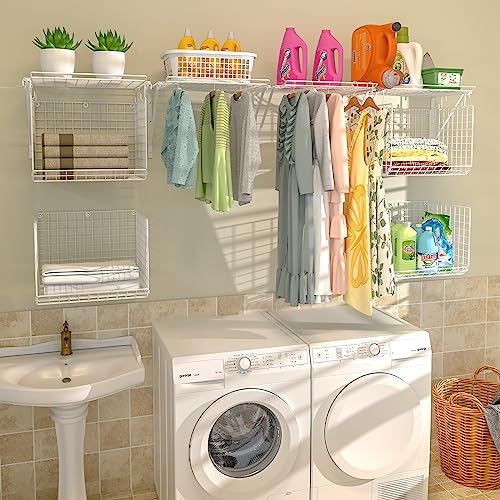 2 Pack Laundry Room Shelves Wall Mounted with Wire Baskets, Over the Washer and Dryer Shelf with Clothes Drying Rack, 8 Hooks,Wire Shelves Baskets for Laundry Closet Organization and Storage, White - color: White
