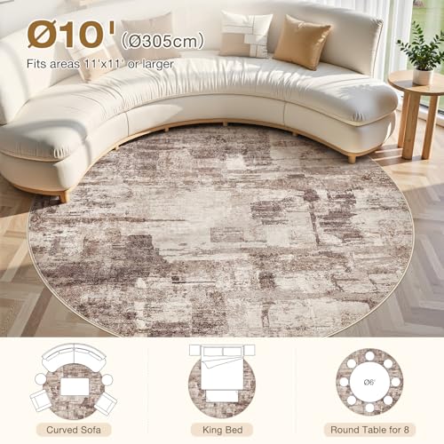 kakania Abstract 10x10 Round Rugs for Living Room: Circle Rugs 10FT Brown | Washable, Soft, Non-Slip, Low-Pile, Pet & Kid Friendly - Large Modern Home Decor Carpet for Bedroom/Dining Room/Nursery - color: Brown, size: 10' (Round)