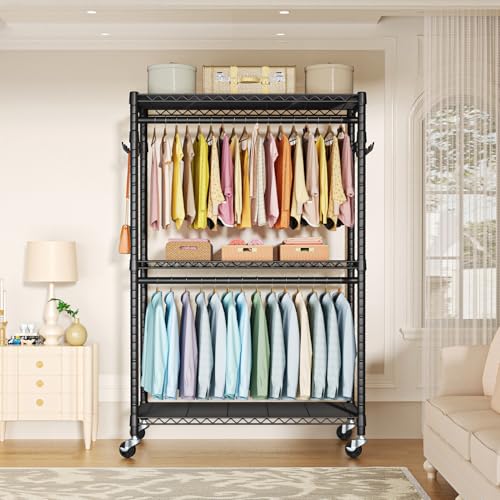 P1 Plus Rolling Clothes Rack, Heavy Duty Portable Closet Wardrobe | Freestanding Garment Clothing Rack with Wheels and Double Rods, 45"W x 17.7"D x 80.5"H, Max Load 524lbs, Black - color: Black, size: P1 Plus