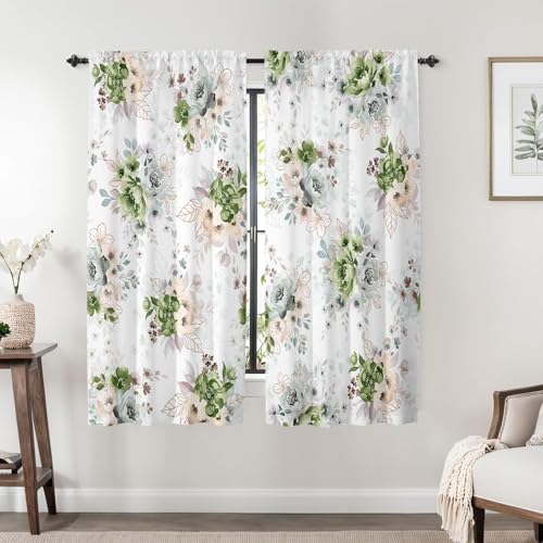 Floral Curtains 63 Inches Long for Living Room 2 Panels,Green Flower Vintage Farmhouse Curtains Semi Sheer Light Filtering Pink Curtain for Bedroom,Rod Pocket Drapes Boho Curtain Room Decor - color: Green Floral, size: 42"W x 63"L (Pack of 2)