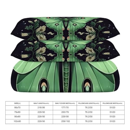 Boho Green Moth Moon 3 Piece Reversible Bedding Set 90"x90",Double Sided Brushed Microfiber Duvet Cover Set with 2 Pillowcases Soft Breathable Comforter Cover for Home - color: Boho Green Moth Moon, size: 90"x90"