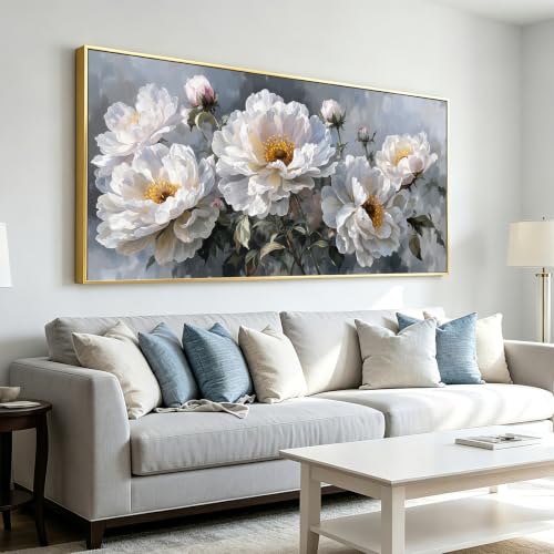 Large Blooming Peony Cluster Wall Art Framed with Hooks Floral Wall Decor 30"x60" - color: Colored Peony Flower, size: 147L x 73W cm