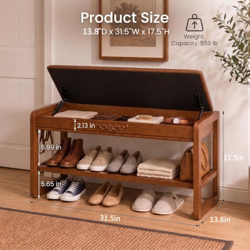 Shoe Storage Bench Shoe Rack Bench with Storage 2 Tier Wooden Shoe Rack | Solid wood shoe bench flip-top storage cushioned seat weight capacity of 550 lb side hooks walnut finish 31.5" W - size: 31.5"