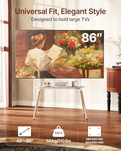 4-Leg Easel TV Stand for 49-86" TVs, 110 lbs, White | Height-adjustable floor TV stand, storage shelf, cable management and protective pads for living room, office or school - color: White, size: 49–86 Inch TVs
