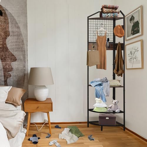 Corner Coat Rack, Coat Rack with Shoe Storage, Hall Tree with Bench and Shoe Storage, Freestanding Shelves with 14 Hook for Entryway, Hallway,Bedroom (Corner)