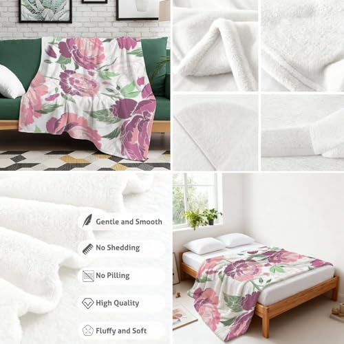 Pastel Pink Peony Flower Fleece Throw Blanket Soft Warm Cozy Throw for Women Men Adults Throws New Apartment Gifts House Essentials for Home Living Room Bed 60X80 Inches - size: 60 × 80 inch
