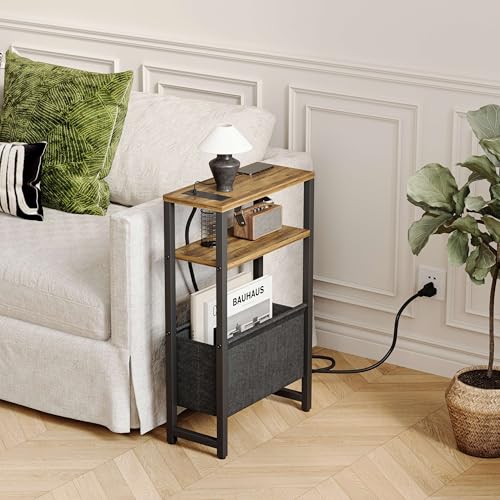 Narrow Side Table with Charging Station Slim End Table Sofa with Magazine Rack, Bedside Table for Small Spaces, 3 Tier Nightstand for Living Room Couch, Bedroom Walnut Brown LET503BRE - color: Walnut Brown, style: With Charging Station