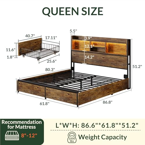 Queen Size Bed Frame with 6 Storage Drawers and Headboard Wooden Platform Bed Frame with LED Lights and Charging Station Easy Assembly/No Box Spring Needed/Vintage Brown - color: Brown, size: Queen