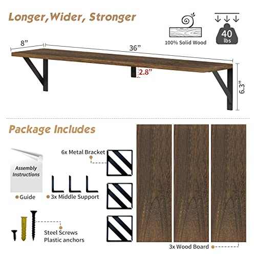 Forbena Floating Book Shelves for Wall Set of 3, 36 Inches Long Wall Bookshelf for Bedroom, Large Wood Heavy Duty Hanging Bookshelves for Books, Living Room Decor, Closet Storage (Rustic Brown) - color: Rustic Brown, size: 36“ x 8” Wall Shelf