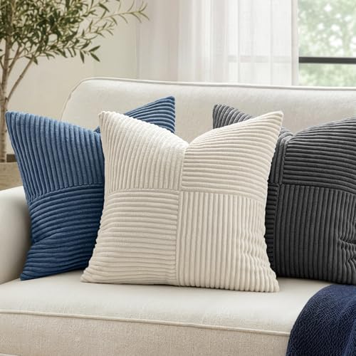 MIULEE Cream White Decorative Throw Pillow Covers for Couch 16x16 Inch | 2 Pack, Beige Neutral Boho Farmhouse Pillow Covers, Soft Cross Corduroy Patchwork Textured Cushion Cases For Bed Sofa - color: Cream White, size: 16" x 16" (Pack of 2)