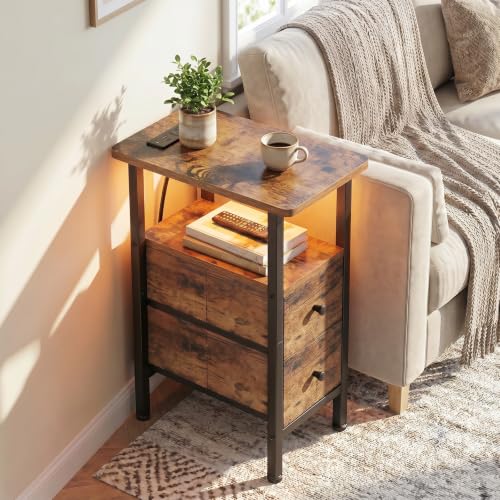 Narrow End Table with Charging Station, Small Nightstand | Skinny Side Tables Living Room with 2 Fabric Drawers, Slim Bedside Table with LED Lights for Bedroom, Small Spaces, Brown - color: Rustic Brown, size: 23.22''H (2 Drawers), style: Power + Light