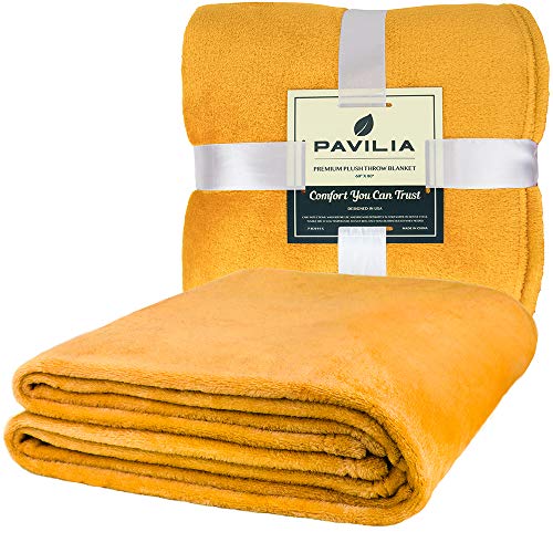 PAVILIA Mustard Yellow Fleece Bed Blanket King Size, Gold Super Soft Fuzzy Flannel Throw for Couch Sofa, Luxury Plush Microfiber Large Throw Blanket King Bed, Home Cozy Velvet Gift Blanket, 90x108 - color: Mustard Yellow, size: 90 x 108 Inches - King