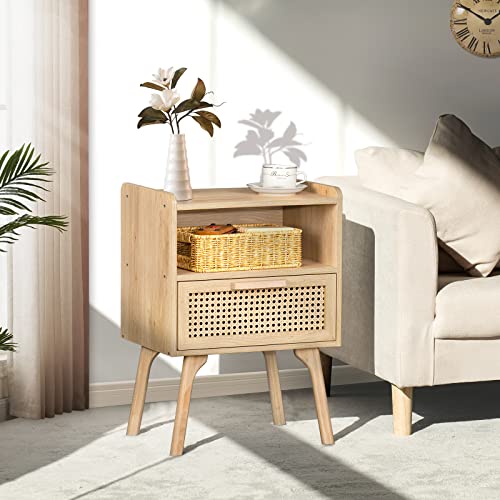 Lerliuo Rattan Nightstand, Boho Side Table with Drawer Open Shelf | Cane Accent Bedside End Table with Solid Wood Legs for Bedroom, Dorm and Small Spaces (Natural) - color: Natural, size: 1 pack