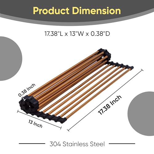 Strictly Sinks Stainless Steel Roll Up Dish Drying Rack – Copper 17 Inch Over The Sink Drying Rack Ideal for Workstation Sinks Only – Multipurpose Foldable Kitchen Dish Rack (17-3/8″ x 13″ x 3/8″) - color: Copper, size: 17 Inch
