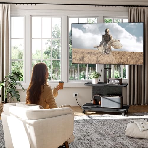 Mobile TV Cart on Wheels,Height Adjustable Rolling TV Stand for 32-85 inch TVs,with 5-Level Lift,35° Swivel,Portable Media Cart for Office,Outdoor | Height Adjustablewith 5-Level Lift,35° Swivel,Dual Shelves & Pegboard Storage,Portable Media Cart for Home