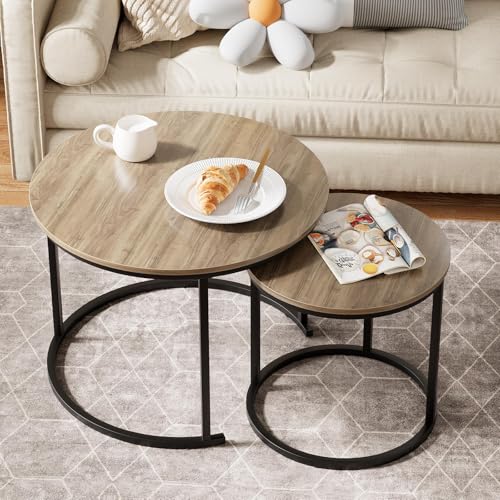 Nesting Coffee Table, 23.6" Round Coffee Table Set of 2, Wooden Nesting Table Set with Metal Frame, Side Tables for Living Room Bedroom Balcony, Brown - color: Brown