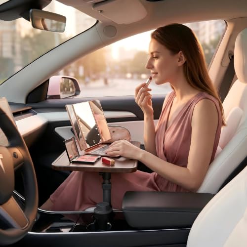 Car Desk for Laptop, Car Table & Car Tray with 360° Rotating Cup Holder, Adjustable Height Car Food Tray, As Car Table Tray or Car Seat Tray, Compatible with Tesla Model 3/Y/S, Ford/Most Vehicles