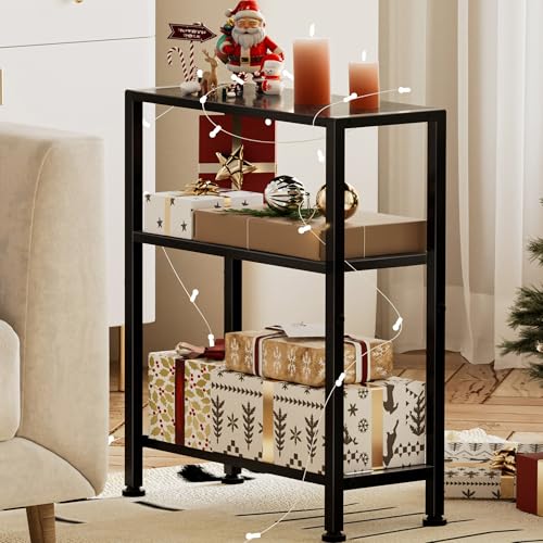 Narrow Side Table Set of 2 for Small Space, 2-Tier Small End Table with Shelf Holder, Slim Nightstand, Skinny Snack Couch Table in Living Room, Bedroom, Study, Kitchen and Balcony (Black) - color: Black