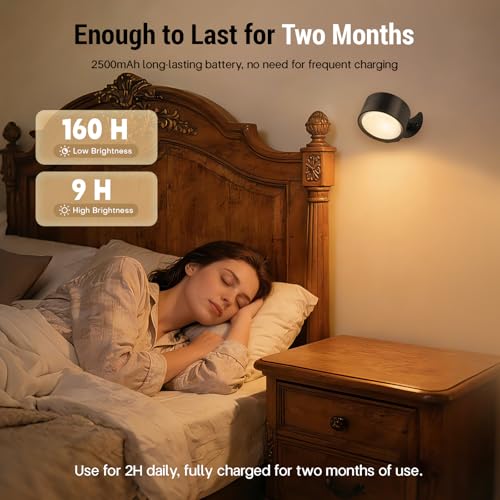 Rechargeable Wall Sconces, Renter-Friendly Peel & Stick (2PCS) | Long 160H Battery, 3 Color Temps, 4 Bright, Touch/Remote, 360° Rotate, for Bedroom, Living Room, Hallway, Reading (Black) - color: Black