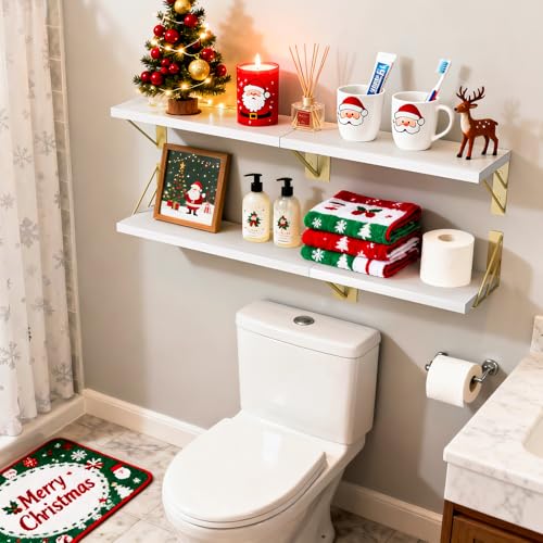 BAYKA Wall Shelves for Bedroom Decor, Floating Wall Shelf for Living Room Kitchen Storage, Mounted Rustic Wood Shelves for Kids Books, Christmas Decorations for Room(White and Gold,Set of 4) - color: B. White Board & Gold Brackets, size: 16-inch