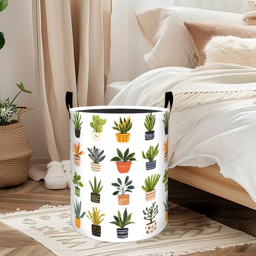 Potted Botanical Laundry Basket, Oxford Cloth Minimalist Nature Dirty Clothes Collapsible Hamper for Room Decor, Plant Leaf Print Gifts Toy Organizer 19.7 * 15.7 Inch for Bedroom Bathroom Dorm - style: Potted