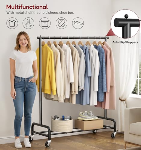 SLEEPING LAMB Heavy Duty Clothing Racks for Hanging Clothes Rack, 43" Wide Rolling Garment Rack Metal Clothing Hanger Rack with Wheels Wardrobe Rack for Coats, Shirts, Dress, (Black) - color: Black, style: Single Rod