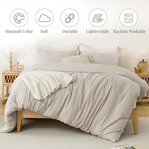 MILDLY Duvet Cover Queen Ultra Soft Comforter Cover Set 3pcs, Linen Grey | Washed Microfiber Cotton-Like, Breathable Comfort, Hidden Zipper, 8 Corner Ties, OEKO-TEX Certified, Fade Resistant - color: 01 - Oatmeal (No Comforter), size: Queen (90"x90")