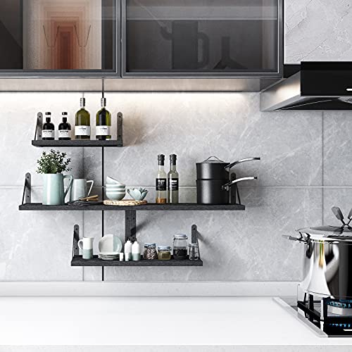 YGEOMER 4 Different Sizes Floating Shelves for Wall Home Decor, Black | Rustic wood shelves in mixed sizes for flexible combined storage. Fits bathroom, kitchen, living room, bedroom and office. - color: Black, size: 16inch Mixed