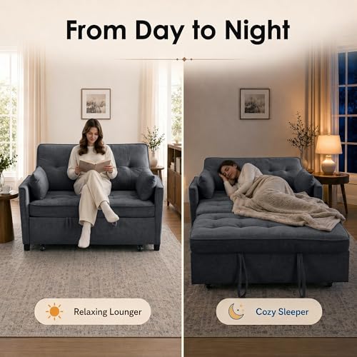Dreamzie 55'' 3 in 1 Convertible Sofa Bed with USB Charging Ports, Pull Out Couch with Adjustable Backrest and Side Pockets, Sleeper Sofa for Living Room, Apartment, RV, Easy Assembly - Dark Grey - color: Dark Grey