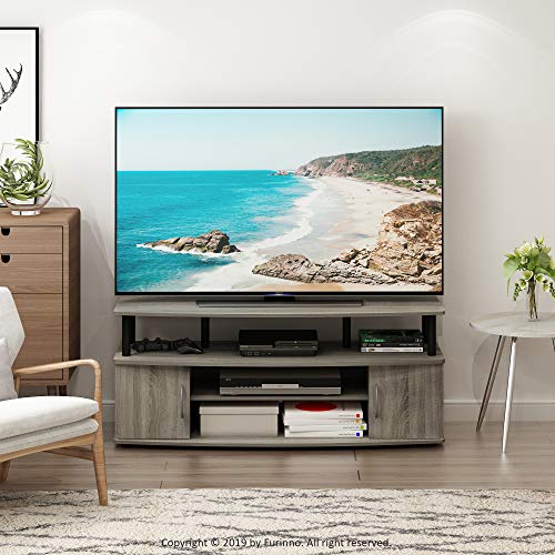 Furinno JAYA Large Entertainment Stand for TV Up to 55 Inch, French Oak Grey/Black | with Open Shelf, TV Console, for TV up to 55 Inch, 2 Doors and Cable Management Holes, for Living Room, Bedroom - color: French Oak Grey/Black