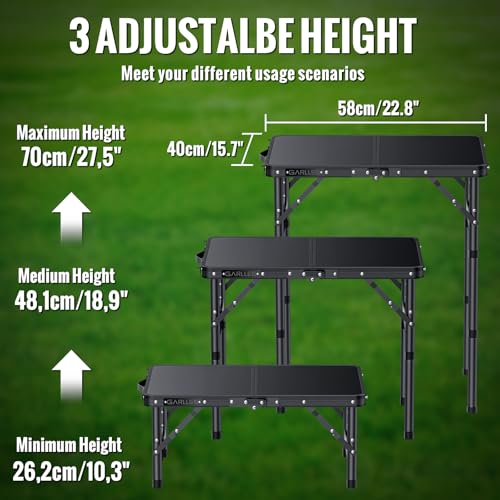 GARLLEN 2ft Folding Camping Table Max Capacity 66lbs, 3 Adjustable Height Folding Grill Table with MDF Tabletop, Lightweight Folding Tables for BBQ, Travel, Picnic, 22.8" L x 15.7" W - color: Black, size: Tabletop Size: 22.8"L x 15.7"W