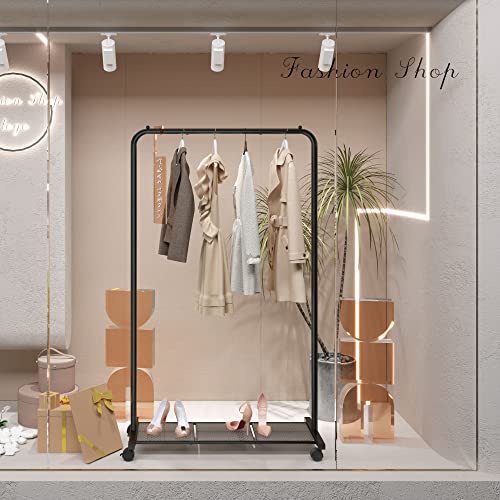 SONGMICS Clothes Rack with Wheels, Clothing Rack for Hanging Clothes, 25.4 mm Metal Garment Rack with Dense Mesh Storage Shelf, 110 lb Load Capacity, 2 Brakes, Black UHSR25BK - color: Black, style: Single Rod