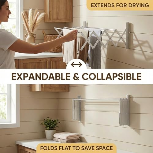 HILLHOUSE Wall Mount Drying Rack for Laundry Room - Collapsible Accordion Clothes Dryer, Extendable Aluminum Clothes Rack, Space Saving Laundry Drying Rack Wall Mounted for Bathroom & Balcony