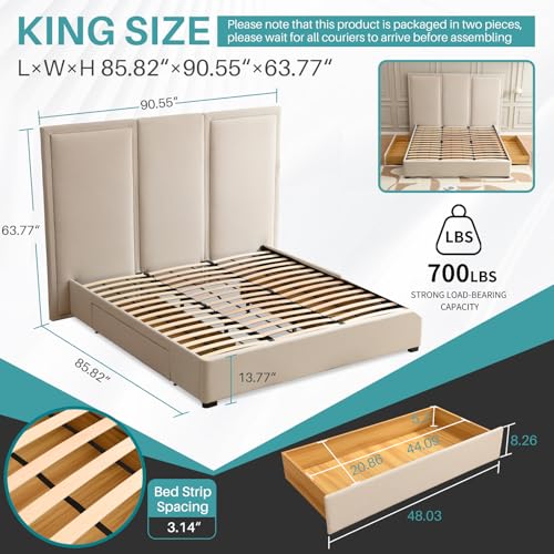 YUHUASHI King Size Bed Frame with 64-inch High Headboard, Simple and Airy Linen Upholstered Platform Bed with Storage Drawers, Wood Slat, No Noise (Beige, King) - color: Beige, size: King(Storage Drawer)