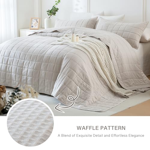 Oversized King Quilt(Wheat, 120"x120"),Waffle Oversized King Bedspread Sets with Shams, Lightweight Quilted Bedspread, Farmhouse Bed Coverlet Soft Extra Large 3 PCS - color: Light Khaki, size: Oversized King(120"x120")