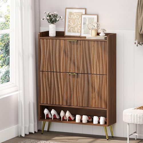 Shoe Storage Cabinet with with 2 Flip Drawers, Entryway Shoe Rack Organizer with Water Ripple Textured Front, Slim Shoe Cabinet with Gold Metal Legs for Hallway, Living Room, Walnut - size: 9.4"D x 31.5"W x 42.9"H