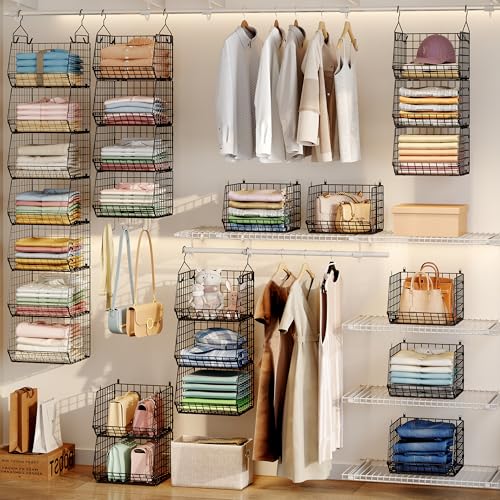 X-cosrack 7 Tier Foldable Hanging Closet Organizer and Storage,Wire Closet Shelving with 4 Large Hooks+ 5 S Hooks,Hanging Basket for Clothes Sweaters Shoes Handbags,Small Closet Organizers - color: Black, size: 7-Tier