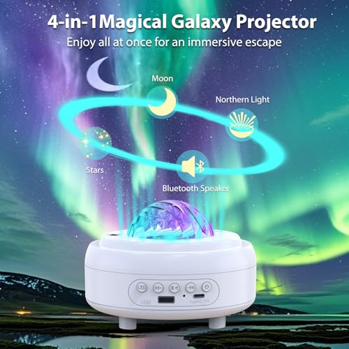 HUMIIEYE Galaxy Projector with Bluetooth Speaker, Northern Lights Projector | 8 Modes, Cord Powered, Aurora Night light with Moon & Star for Bedroom, Mood Ambient lighting for Kids Adults - color: Multicolor