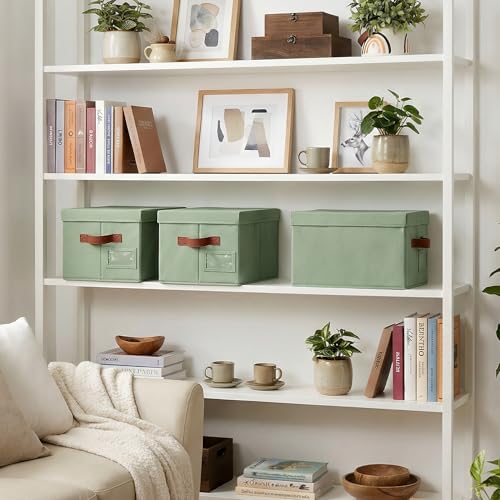 GRANNY SAYS Storage Bins with Lids, Decorative Storage Boxes with Lids | Storage Box with Dust Cover, Handles & Lable, Collapsible, Ideal for Closet Clothes Blanket Toys, Medium, Green&Brown, 3-Pack - color: Green&Brown, size: Medium